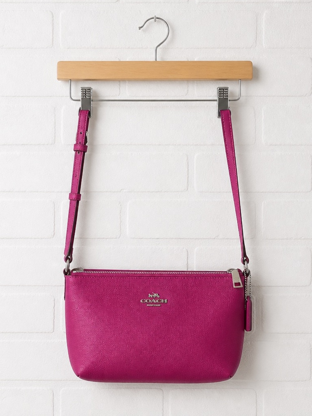 Coach F57788 Bright Fuschia/Saddle CRSGN LTH EW POP Crossbody w/matching wallet - Picture 2 of 16